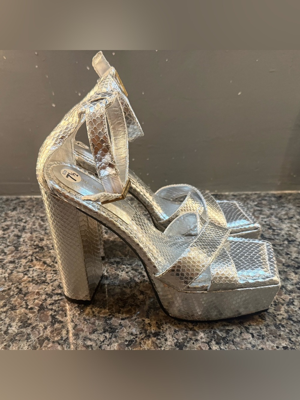 Good American Silver Snake-Print Platform Block Heels Size 7.5